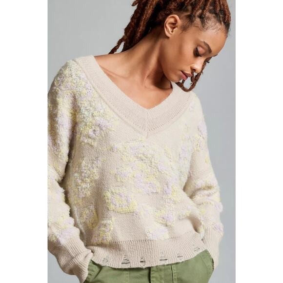 Anthropologie Textured V Neck Sweater XS Gray Oversized Boxy Knit Slouchy - Picture 2 of 13